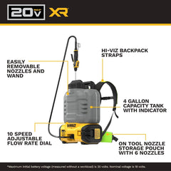DEWALT 20V MAX XR High Capacity Concrete Chemical Sprayer, 4-Gallon Tank, 150 PSI, 6 Nozzles, 10-Speed Flow Control, Tool Connect Ready, Backpack Straps, Battery & Charger Not Included (DCCS1100GH1)